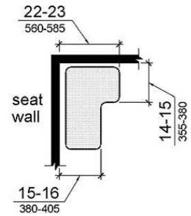 Figures (a) shows the “L” is oriented with the narrower portion toward the compartment opening and the base toward the back. The front edge of the narrow portion of the “L” is 15 to 16 inches (380 to 405 mm) from the seat wall and the base end is 22 to 23 inches (560 to 585 mm) from the seat wall. The base of the “L” is 14 to 15 inches (355 to 380 mm) from the adjacent wall.