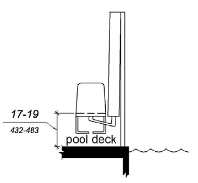 An elevation drawing shows pool lift seat height to be 17 to 19 inches measured from the deck to the top of the seat surface when in the raised (load) position.