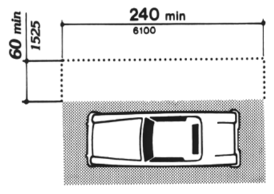 Diagram showing access aisle at passenger loading zones 60 inches (1525 mm) minimum wide by 240 inches (6100 mm) minimum.
