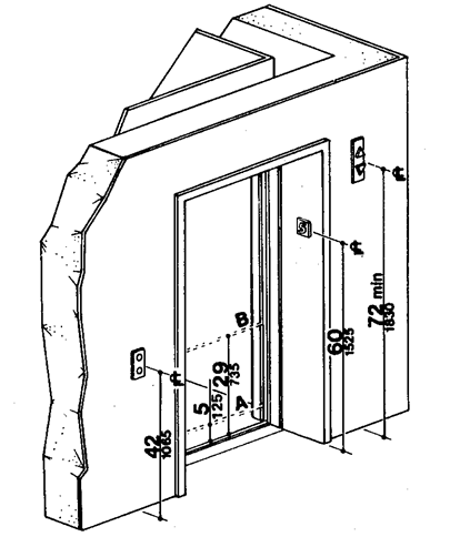 Diagram showing height of elevator controls, jamb signage and hall lanterns.