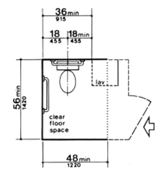  For a diagonal transfer to the water closet, the minimum clear floor space is a minimum of 48 inches (1220 mm) in width by a minimum of 56 inches (1420 mm) in length.