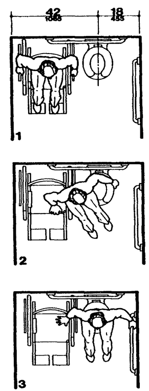 A side transfer is illustrated as follows. Diagram 1: wheelchair user takes transfer position parallel to the side of the toilet fixture, removes armrest, sets brakes. Diagram 2: transfers. Diagram 3: positions on toilet.