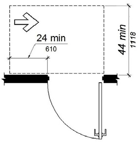 Figure (j) Latch approach, push side. Maneuvering space extends 24 inches from the latch side of the doorway and 44 inches minimum perpendicular to the doorway. 
