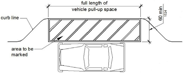 An access aisle at a passenger loading zone is shown to be the full length of the vehicle pull-up space and 60 inches wide minimum. The access aisle is marked with a borderline and hatched lines within the border.