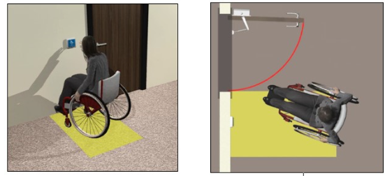 Person using wheelchair pushing automated door control; clear floor space at control shown in plan view to be outside the swing of the door
