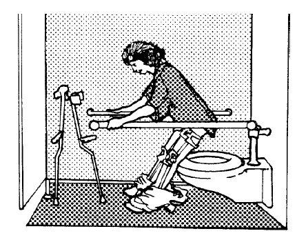 Illustration of a woman who uses crutches and leg braces sitting down on a toilet. She is using the two parallel grab bars.