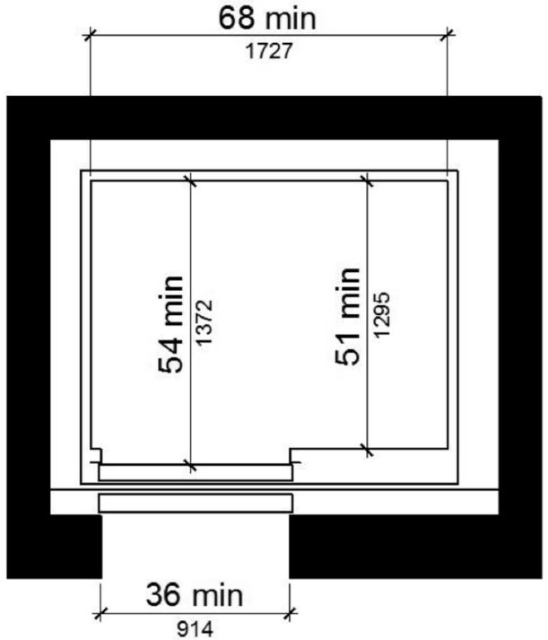 Figure (b) shows an elevator car with an off-centered door. The door clear width is 36 inches minimum and the car width measured side to side is 68 inches minimum. The depth is 51 inches minimum measured from the back wall to the front return, and 54 inches minimum measured from the back wall to the inside face of the door.