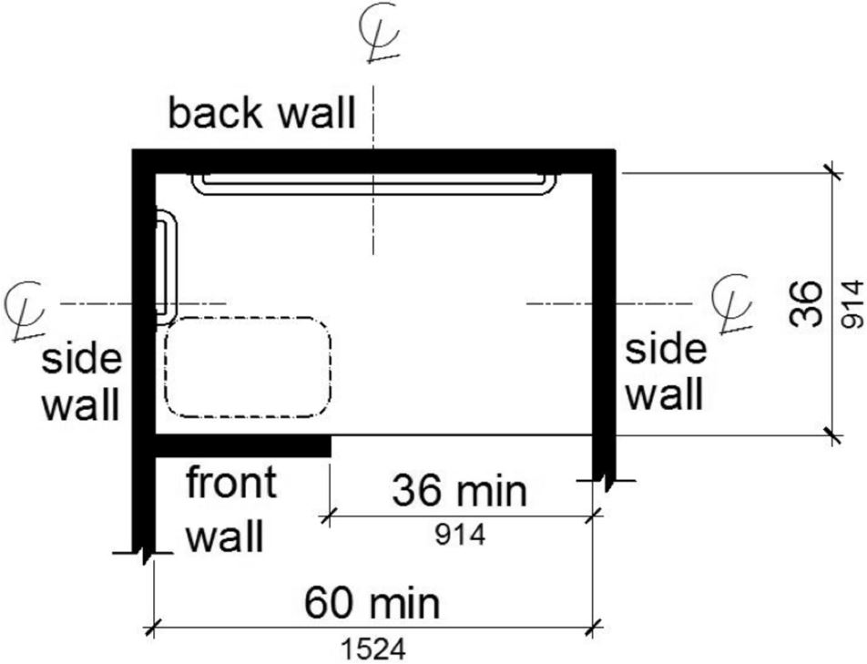 A plan view shows the shower compartment is 36 inches wide absolute and 60 inches deep minimum. A 36 inch wide minimum entry is provided on one long wall. A seat is provided adjacent to the entry on the same wall. 