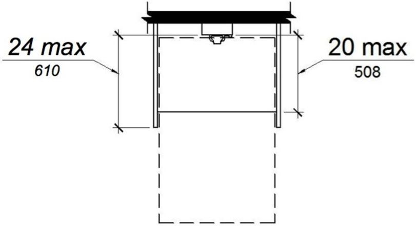 The maximum distance from the front edge of a counter within the telephone enclosure to the face of the telephone is 20 inches. The telephone enclosure overlaps the clear floor space for a forward approach a maximum of 24 inches beyond the face of the telephone.