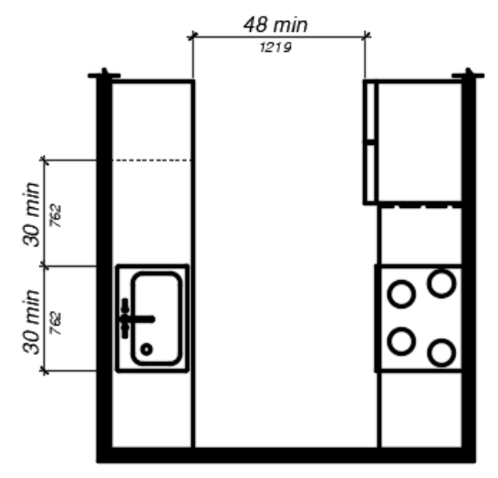 Line drawing showing an alternative kitchen design in a galley kitchen configuration.