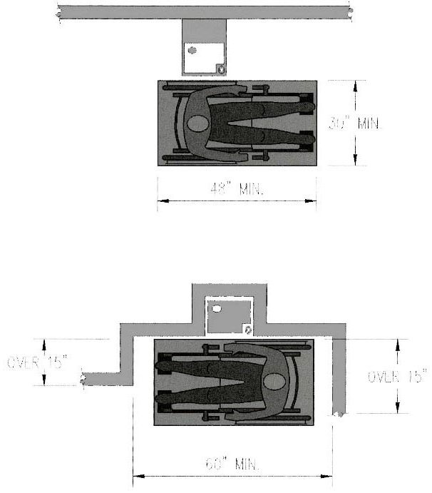 Plan diagrams showing required clear floor space at a free-standing drinking fountain and at a drinking fountain in an alcove