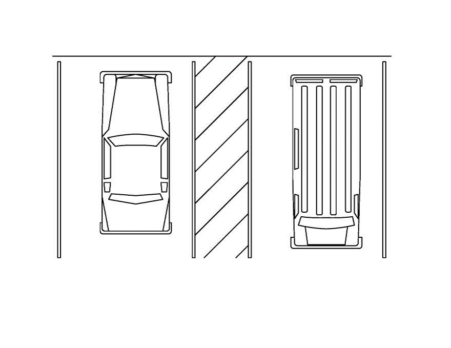 Plan view of two accessible car parking spaces separated by an access aisle.