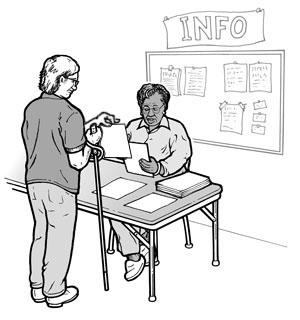 Illustration: Seated registration desk worker provides Braille materials to man who is blind and uses a cane