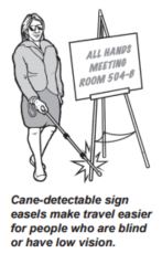 illustration of woman using a cane to detect a sign easel