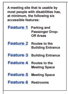 chart featuring six elements of a meeting space to be considered for accessibility