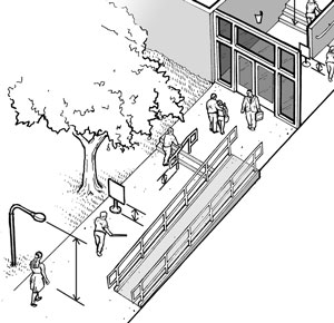 Illustration: exterior pedestrian route accessible to people with vision disabilities" width