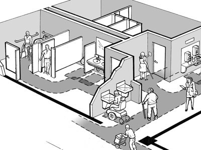 Illustration: Overhead view of accessible restroom and surrounding area