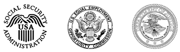 Social Security Administration seal, U.S. Equal Employment Opportunity Commission seal and the U.S. Department of Justice seal