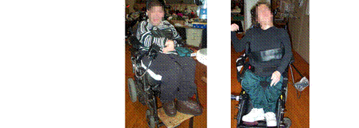 Two color photographs of individuals in wheeled mobility devices who have very limited reaching ability