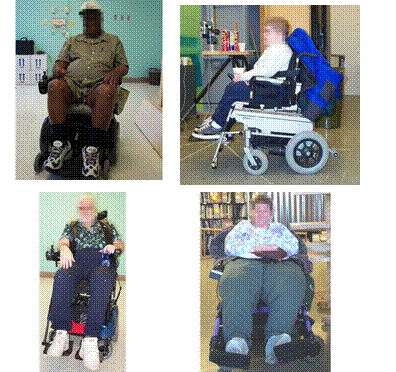 Four color photographs of research participants in wheeled mobility devices with high lap heights
