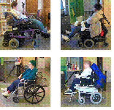 Four color photographs of research participants in wheeled mobility devices with deep knee clearances