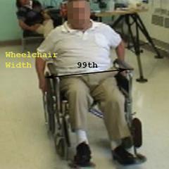 A color photograph of a male research participant in a manual wheelchair with a large clear floor area width