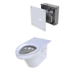 Toilet with elongated bowl, configured for front mounted, on-floor installation