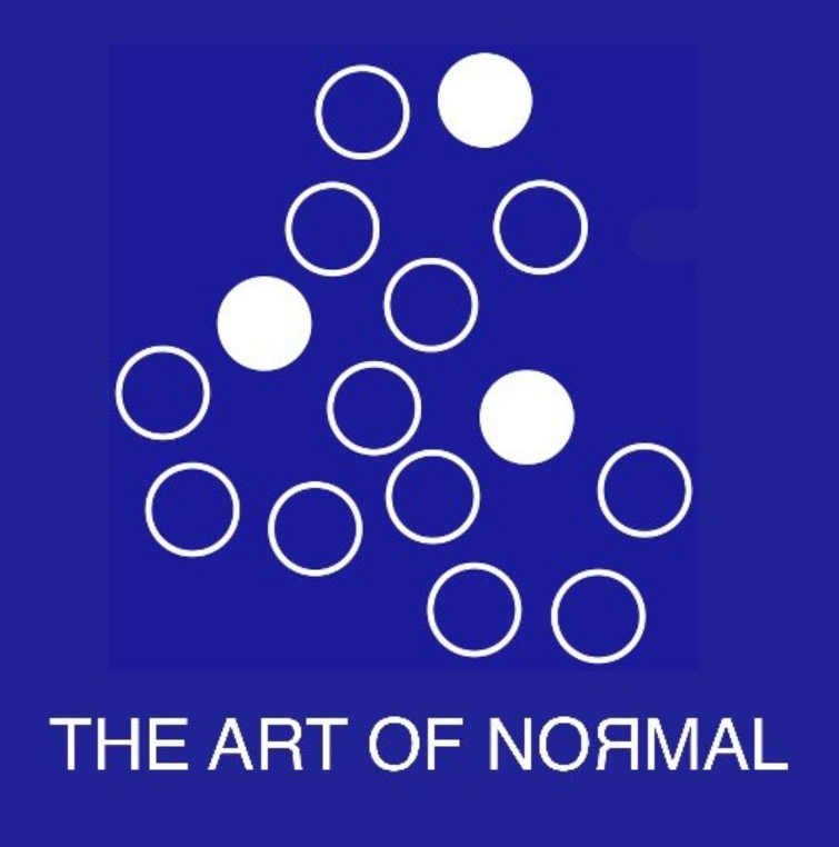 Multiple white circles on a royal blue blackground with three of them being solid white circles, and "The Art of Normal" below the circles. The "R" in the word normal is backwards.