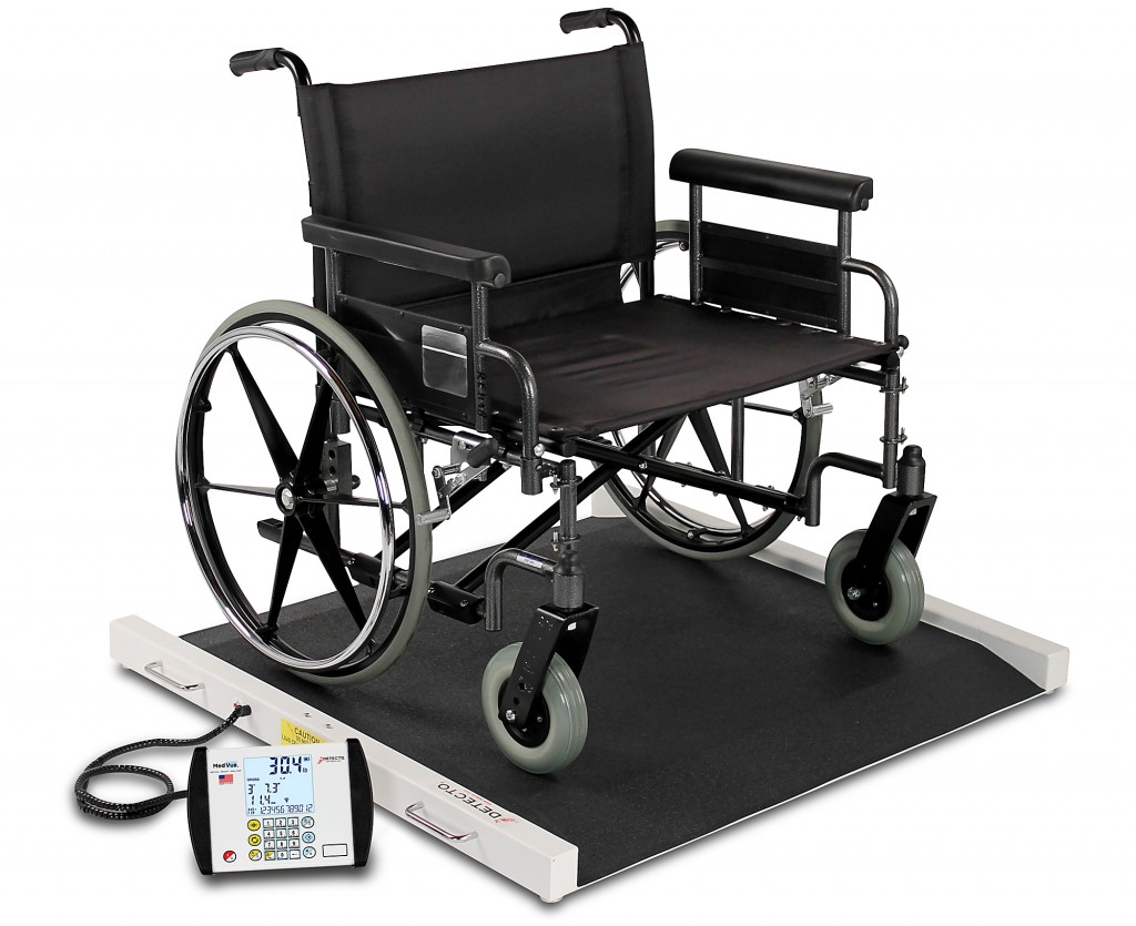 Wheelchair sitting on a portable wheelchair scale