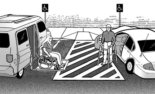 illustration showing a van-accessible parking space sharing an access aisle with an accessible parking space for a car