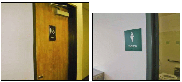 Photo on the left: Toilet room signage incorrectly positioned on door. Photo on the right: Toilet room signage correctly positioned on latch side of door.