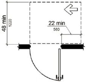 Figure (g) Hinge approach, push side, door provided with both closer and latch. Maneuvering space on the push side extends 22 inches (560 mm) from the hinge side of the doorway and 48 inches (1220 mm) minimum perpendicular to the doorway at doors with both a closer and a latch.