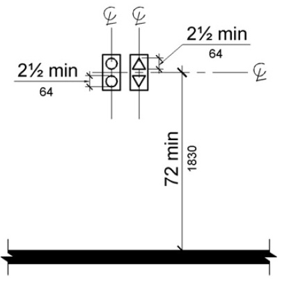 Visible signals are shown centered at 72 inches (1830 mm) minimum above the floor ground. The individual “up” and “down” elements, one with circular elements, another with triangular elements, are 2 1/2 inches (64 mm) minimum measured along the vertical centerline of the element.
