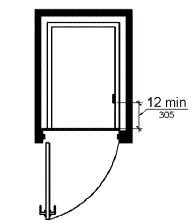 A plan view shows an elevator with an out-swinging hoistway door. The control panel is shown on the car side wall 12 inches (305 mm) minimum from the front.