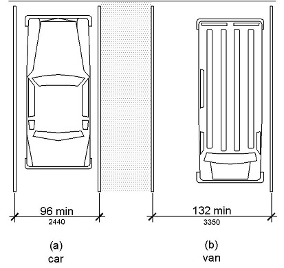 Two marked parking spaces are shown in plan view. The car space is 96 inches (2440 mm) wide minimum and the van space is 132 inches (3350 mm) wide minimum, with an access aisle between them.