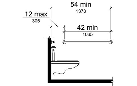 Elevation drawing shows the side wall grab bar to be 42 inches (1065) long minimum, located 12 inches (305 mm) maximum from the rear wall and extending 54 inches (1370 mm) minimum from the rear wall.