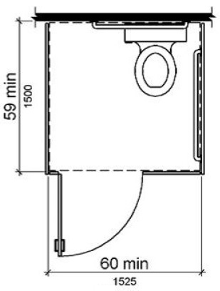 Figure (b) is a plan view of an adult floor mounted and a children’s water closet. The compartment is shown to be 60 inches (1525 mm) wide minimum and 59 inches (1500 mm) deep minimum.