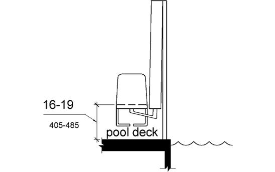 An elevation drawing shows pool lift seat height to be 16 to 19 inches (405 to 485 mm) measured from the deck to the top of the seat surface when in the raised (load) position.