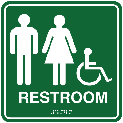 Raised letter and braille unisex toilet room sign with ISA and pictogram