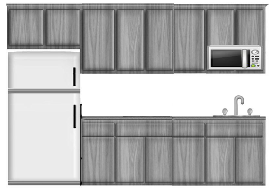 The break room shown in the illustration has a counter, sink, built-in cooking facility (microwave), and storage.