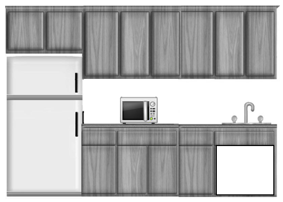 The break room shown in the illustration has a counter, sink, movable appliance (countertop microwave), and storage.