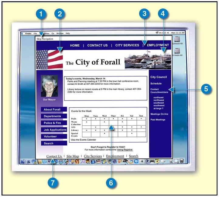 demonstration image of City of Forall website with notes for accessible features