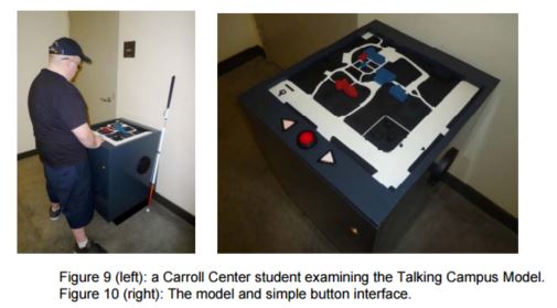 a Carroll Center student examining the Talking Campus Model. and (right) The model and simple button interface. 