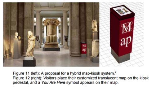 A proposal for a hybrid map-kiosk system and (right) Visitors place their customized translucent map on the kiosk
pedestal, and a You Are Here symbol appears on their map. 