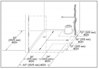 pit toilet with dimensions inserted for turning space