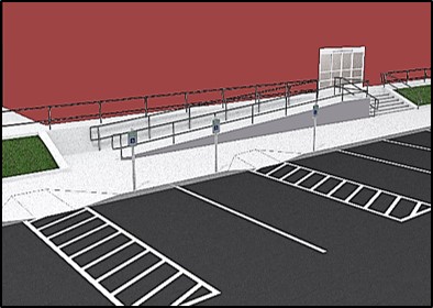 Accessible parking spaces located at entry point of ramp to building entrance
