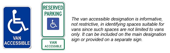 Sign with International Symbol of Accessibility and term “van accessible.”  Another sign contains the International Symbol of Accessibility and “reserved parking” with a separate sign below station “van accessible