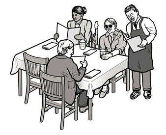 A drawing showing a waiter reading a menu to a customer who is blind as one way to provide effective communication.