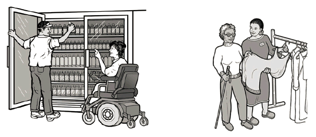 Drawings showing staff retrieving out of reach items and describing items for sale are ways to provide assistance to customers with disabilities.