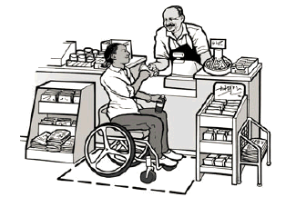 A drawing showing a lowered counter and clear floor space that are critical components of an accessible service counter.  
